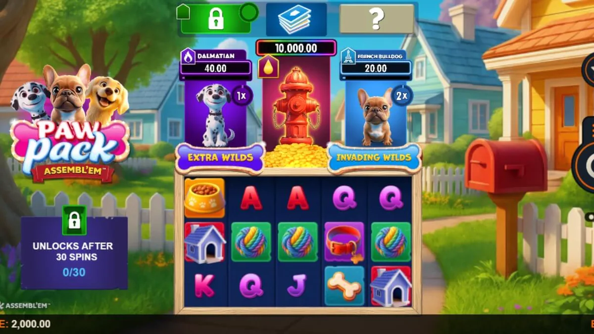 Visual vibrante e cartunesco do slot Paw Pack Assembl’Em com cães carismáticos