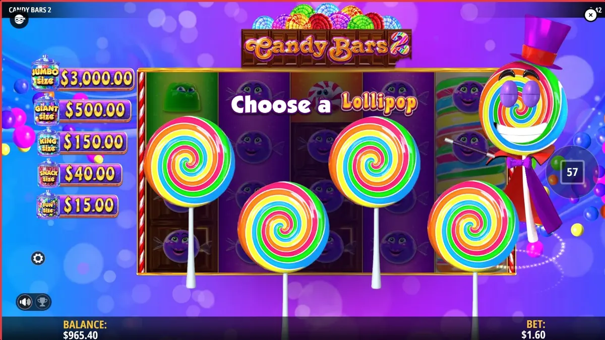 Visual vibrante da interface do slot Candy Bars 2 com elementos de fábrica de doces