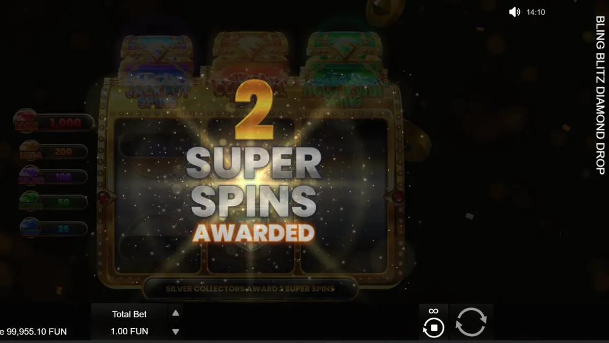Interface brilhante do slot Bling Blitz Diamond Drop com diamantes e moedas douradas.